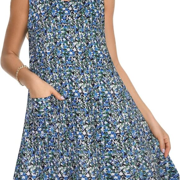 Womens Summer Cotton Blend Dress V Neck Sleeveless Pockets Beach Casual - Picture 6 of 7